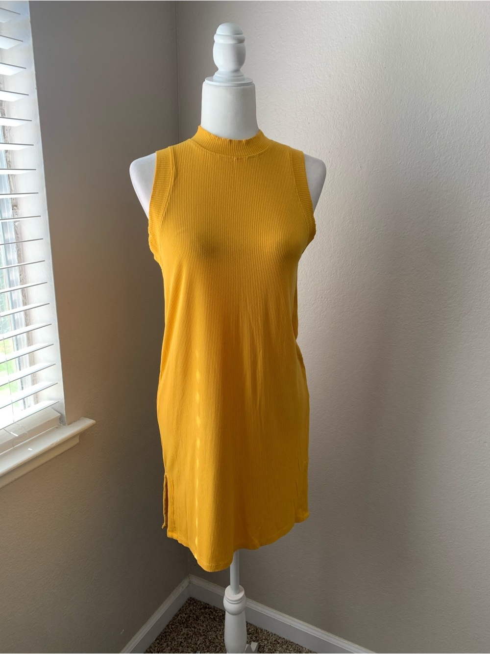 RVCA Yellow Ribbed Mock Neck Sleeveless Midi Dress